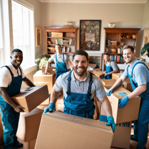 Movers carefully packing household items 
