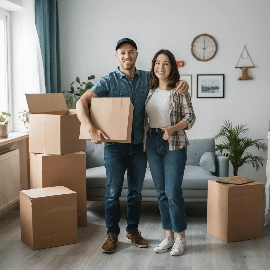 Happy family movers in front of their new home