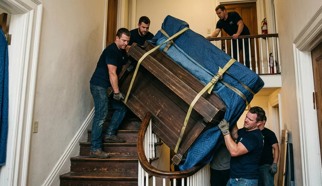 Professional movers handling a piano and bulky items safely